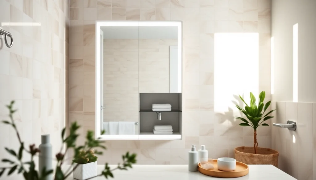 Betrachten Sie den eleganten sonni Spiegelschrank mit integrierter LED-Beleuchtung im modernen Badezimmer.