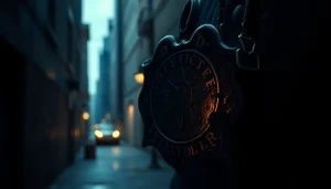 Explore the intricate details of Rancid Badges, a tarnished detective badge against a dark city backdrop.