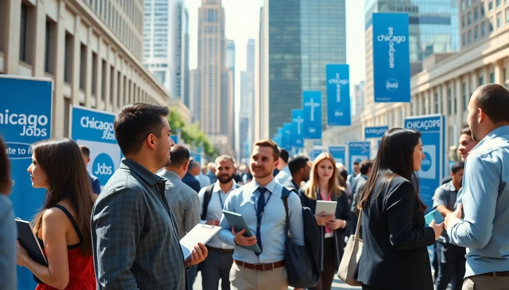 Networking at a vibrant job fair for Chicago jobs where professionals connect and explore opportunities.