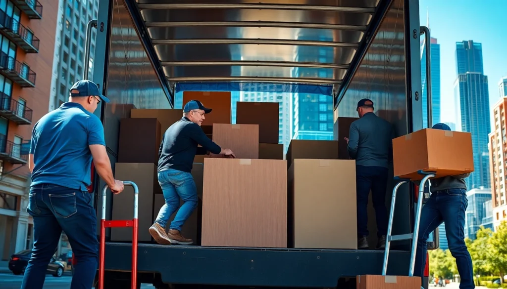 Toronto movers loading furniture in a moving truck against a vibrant city backdrop.