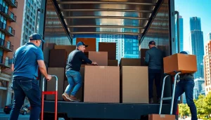 Toronto movers loading furniture in a moving truck against a vibrant city backdrop.