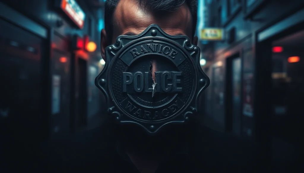 Unveiling Rancid Badges through a gripping crime thriller cover with a shadowy cop and a fractured badge.