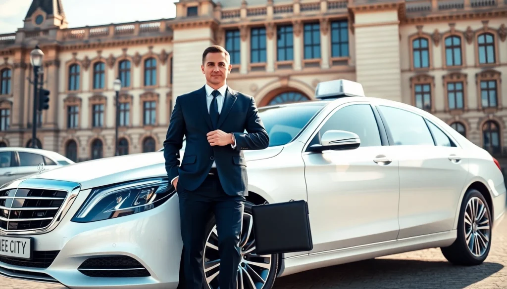 Experience Chauffeur Hire Nottingham service with a professional chauffeur in front of a landmark.