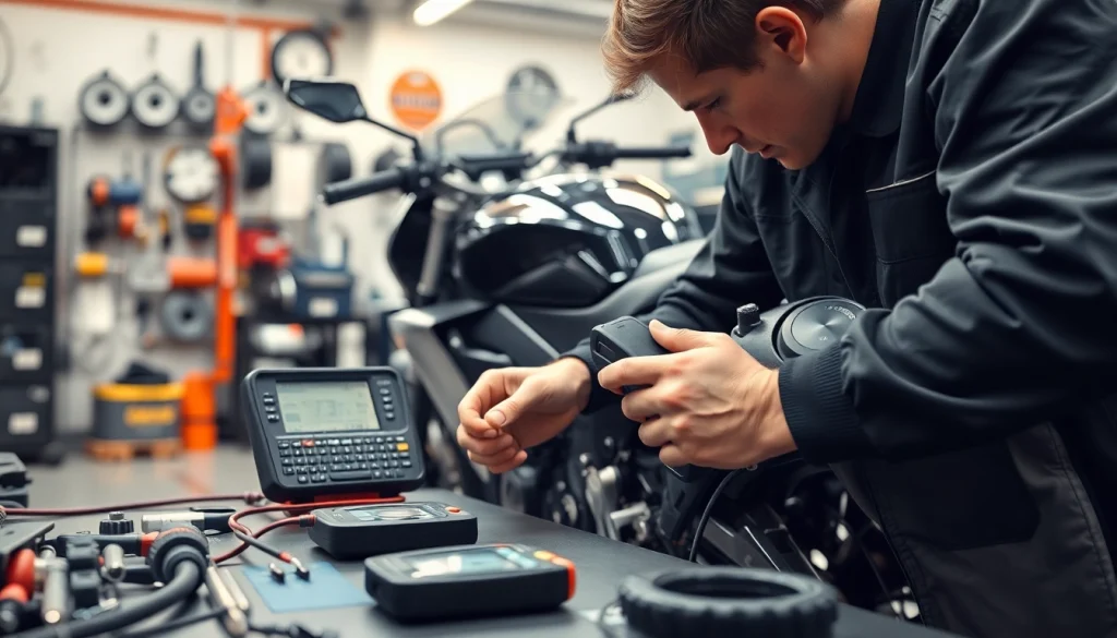 Die motorradtechnik wird durch einen Techniker demonstriert, der ein Motorrad analysiert.