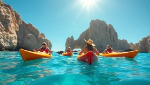 Cabo adventure tours feature travelers kayaking in stunning Cabo San Lucas waters.