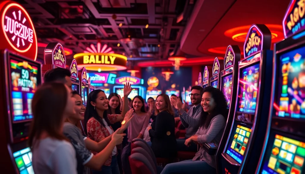 Slot hoki excitement in a vibrant casino scene with players winning at slot machines.
