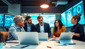 Analyzing competitive intelligence data with a professional business team in a modern office setting.