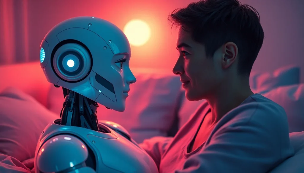 AI sex bot creating an intimate atmosphere in a cozy bedroom setting with advanced technology.
