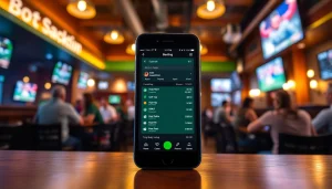 Explore sports betting apps Alabama with a lively sports bar setup featuring a smartphone app.