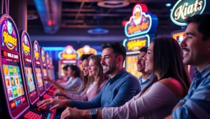 Kode4d slot machines in a vibrant gaming environment with engaged players, showcasing excitement and community.