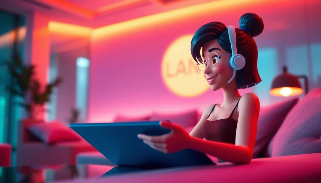 Engaging AI sex chat experience in a modern lounge with animated character interaction.