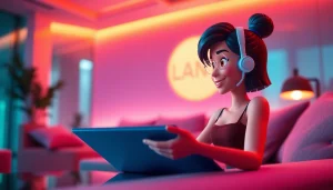 Engaging AI sex chat experience in a modern lounge with animated character interaction.