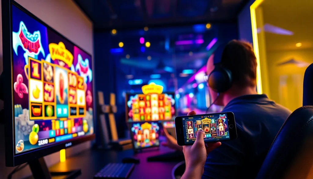 Menampilkan pengalaman interaktif slot pulsa di gaming setup yang menarik dan futuristik.