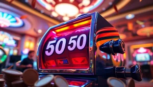 Menang di slot 50 perak dengan mesin slot berwarna cerah dan suasana kasino yang meriah.