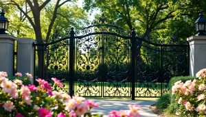 Showcase of custom steel gates in a beautiful garden, highlighting their elegance and craftsmanship.