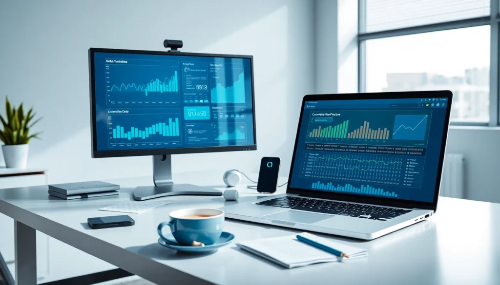 Contact data verification tools on a modern office desk with dual monitors, conveying efficiency and professionalism.