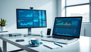 Contact data verification tools on a modern office desk with dual monitors, conveying efficiency and professionalism.