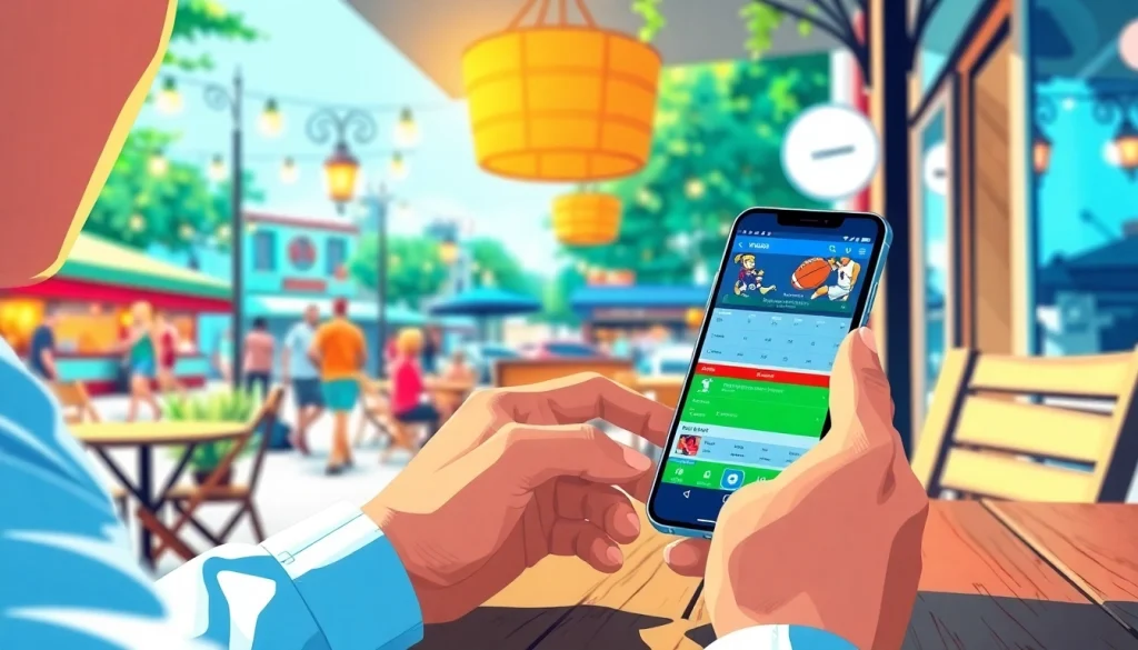 Engaged user exploring sports betting apps Texas on a smartphone in a vibrant café setting.