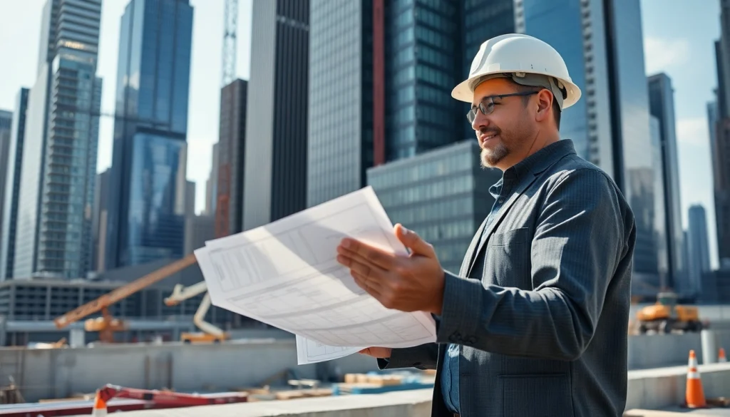 New York City Construction Manager reviewing blueprints at a busy construction site.