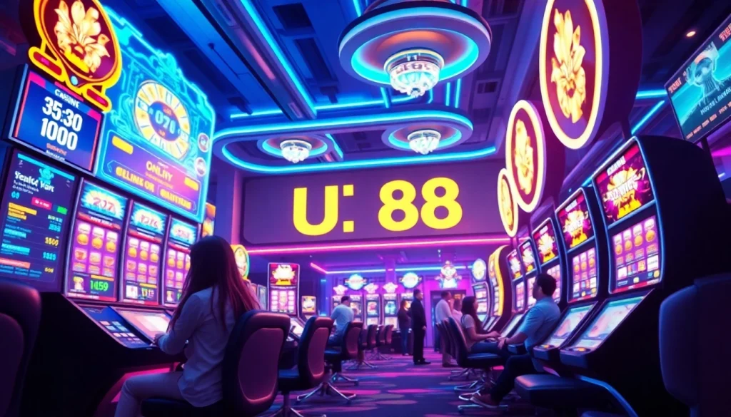 UU 88 online casino scene with vibrant neon lights and engaging digital interfaces.