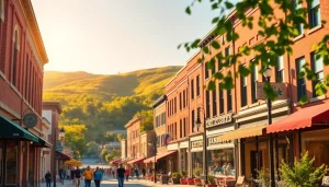 Strolling through Clarksburg's vibrant downtown, a lively street scene filled with historic charm.