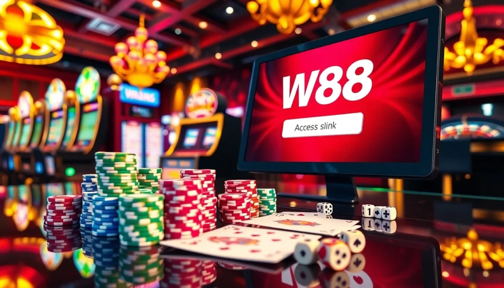 Một cảnh hấp dẫn thể hiện bàn chơi với liên kết truy cập W88 hiển thị, có chip poker và máy đánh bạc.
