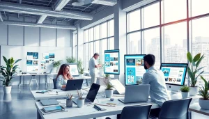 thiết kế website theo yêu cầu in a modern studio with designers collaborating effectively.