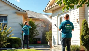 Soft wash service in Kissimmee, showcasing eco-friendly cleaning with professionals and vibrant greenery.
