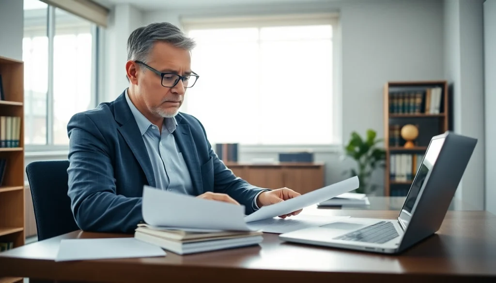 Court translator reviewing legal documents in a professional setting.