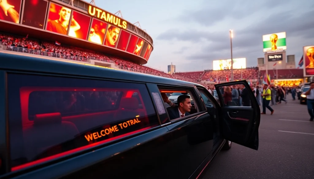 World Cup Group Transportation in a luxury limousine outside a stadium, ready for excited fans.
