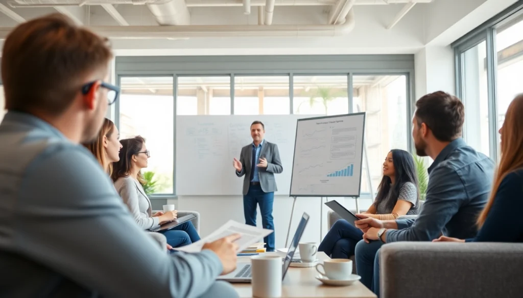 Engaged team participating in a business coaching service, discussing growth strategies in a modern office.