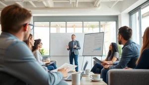 Engaged team participating in a business coaching service, discussing growth strategies in a modern office.