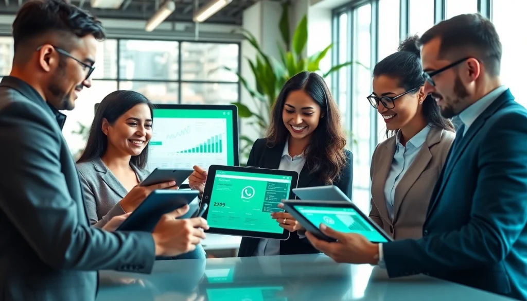 Business team utilizing WhatsApp Smart CRM software to enhance collaboration and data analysis.