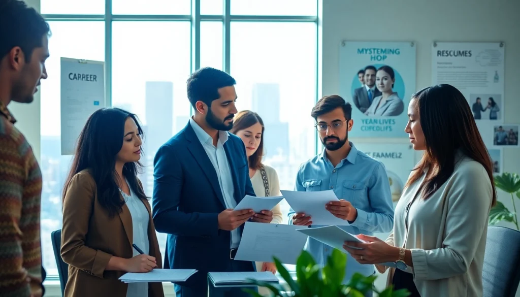 Individuals collaborating for job help in a modern office environment.