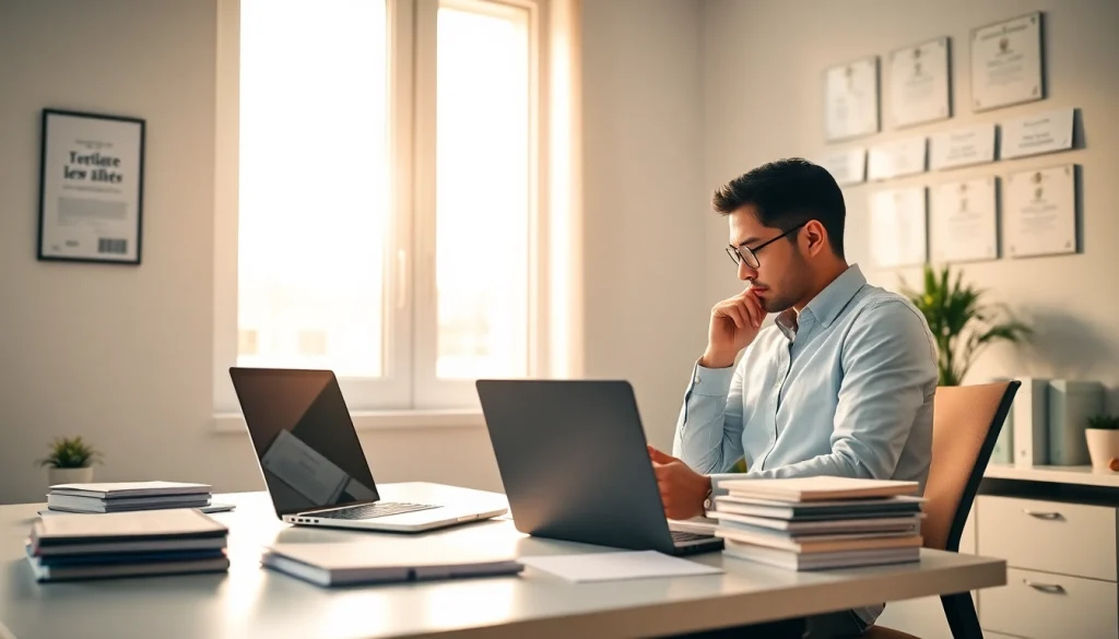 Scène professionnelle d’un traducteur assermenté à Lille examinant des documents juridiques dans un bureau lumineux.