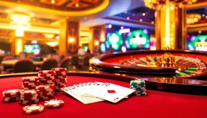 Experience the excitement of rr88 gratis with high-stakes poker at a luxurious casino table, illuminated in a vibrant atmosphere.