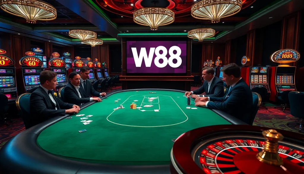 Experience high stakes at the W88 link casino table with elegant players and vibrant gaming machines.