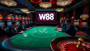 Experience high stakes at the W88 link casino table with elegant players and vibrant gaming machines.