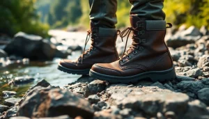Showcasing durable Fly fishing boots on a rocky terrain near a river, highlighting traction and comfort.