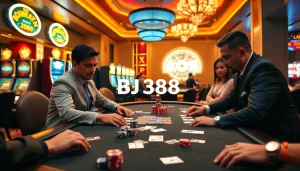 Experience the thrill of BJ388's luxurious casino atmosphere with vibrant gaming tables.