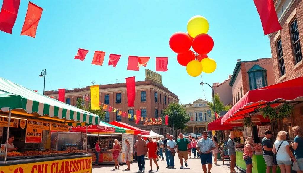 Clarksburg community festival with colorful stalls and families celebrating together.
