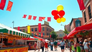 Clarksburg community festival with colorful stalls and families celebrating together.