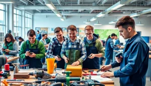 Students practicing skills at abc trade school, engaged in hands-on training in a modern classroom.