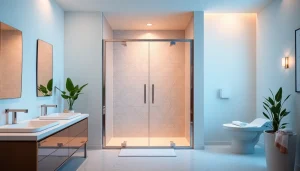 Showcase beautiful sunney shower doors in a luxurious modern bathroom with stylish decor and natural light.