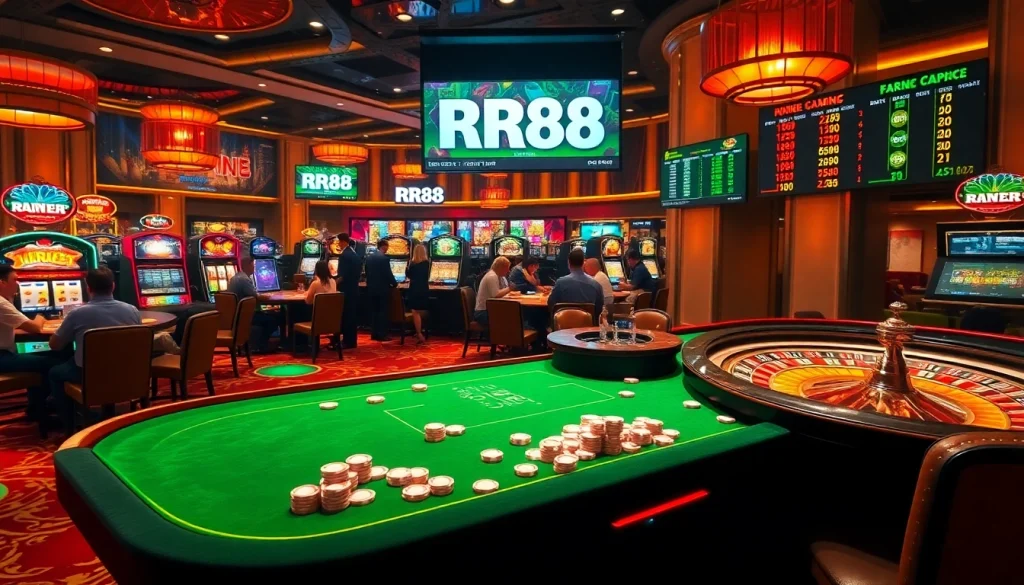 RR88 casino experience with vibrant gaming tables and roulette wheel excitement