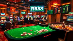 RR88 casino experience with vibrant gaming tables and roulette wheel excitement
