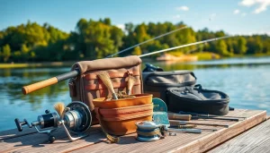 Explore essential Fly fishing accessories showcased in a tranquil lakeside setting.