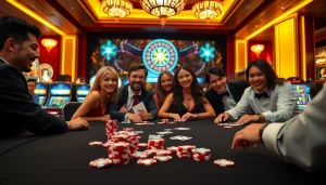 Betting action at a vibrant casino showcasing excitement and elegance at https://kk55.global/ with poker chips and players.