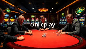 Engaging poker scene with onicplay branding capturing the excitement of a professional casino game.