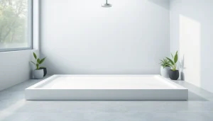 Explore a modern shower base in a stylish bathroom setting featuring sleek design and natural light.